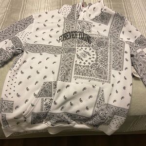 white with black design hoodie